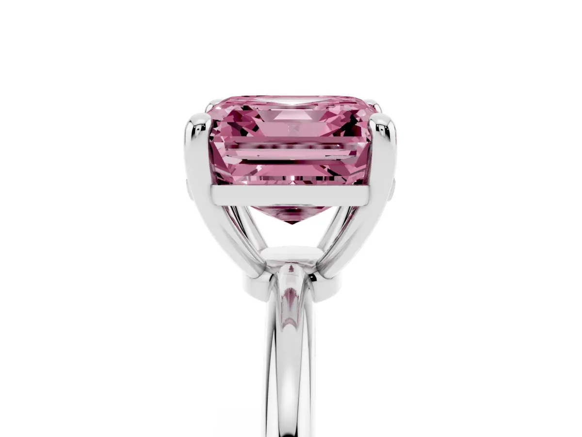 Fancy Pink Asscher Cut Solitaire Diamond Ring with 4-Prong Setting on a Classic Band Silver