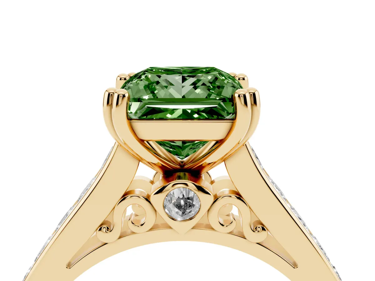 Fancy Green Princess Cut Cut Channel Set Solitaire Engagement Ring with Prong Setting Yellow gold
