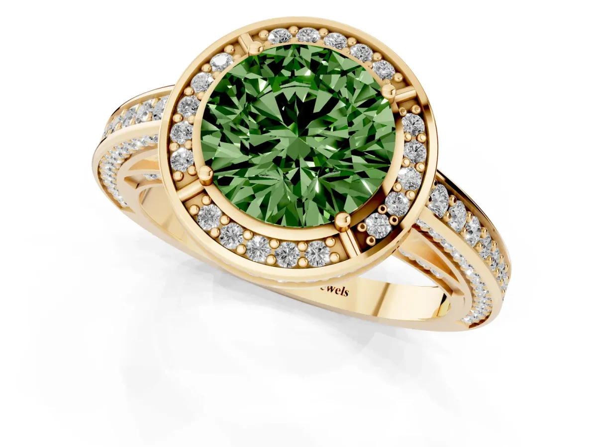 Fancy Green Round Cut Cut Halo Pave Split Shank Prong Setting Ring Yellow gold
