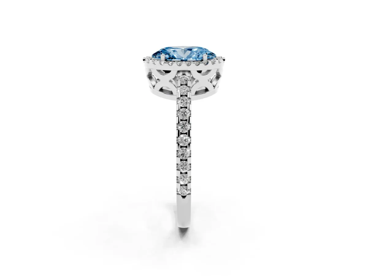 Fancy Blue Oval Cut Diamond Halo Engagement Ring with Pavé Band and Prong Setting Platinum