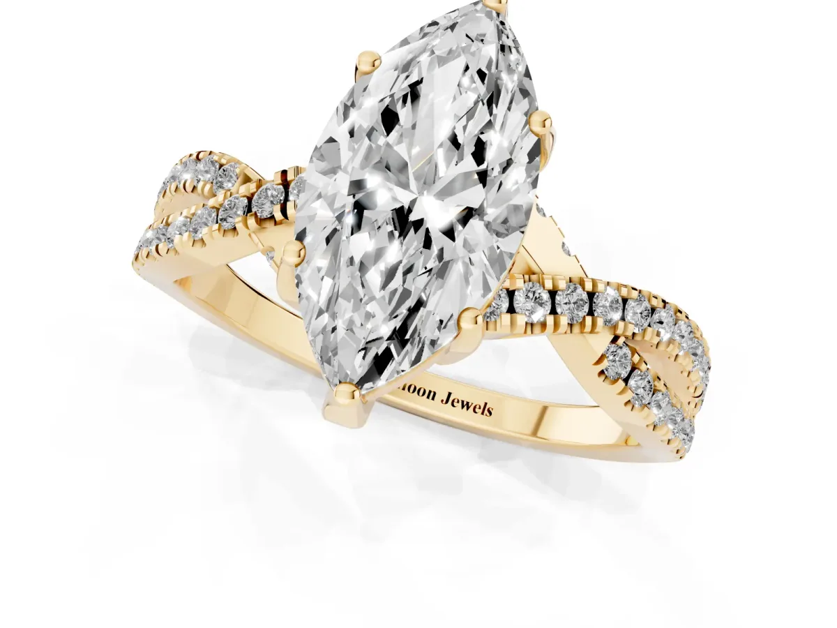 Marquise Cut Solitaire Twist Pave Diamond Engagement Ring with Prong Setting Yellow gold