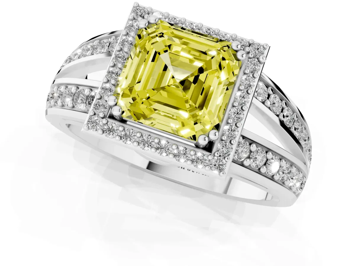 Fancy Yellow Asscher Cut Diamond Halo Ring with Split Shank Pavé Band and Four-Prong Setting Silver