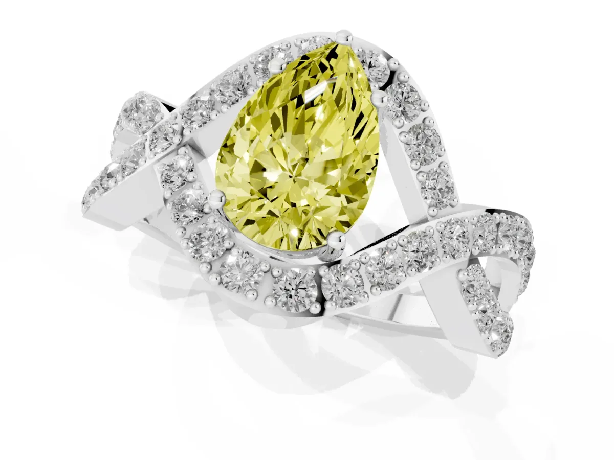 Fancy Yellow Pear Cut Solitaire Twist Band Pavé Diamond Engagement Ring Silver