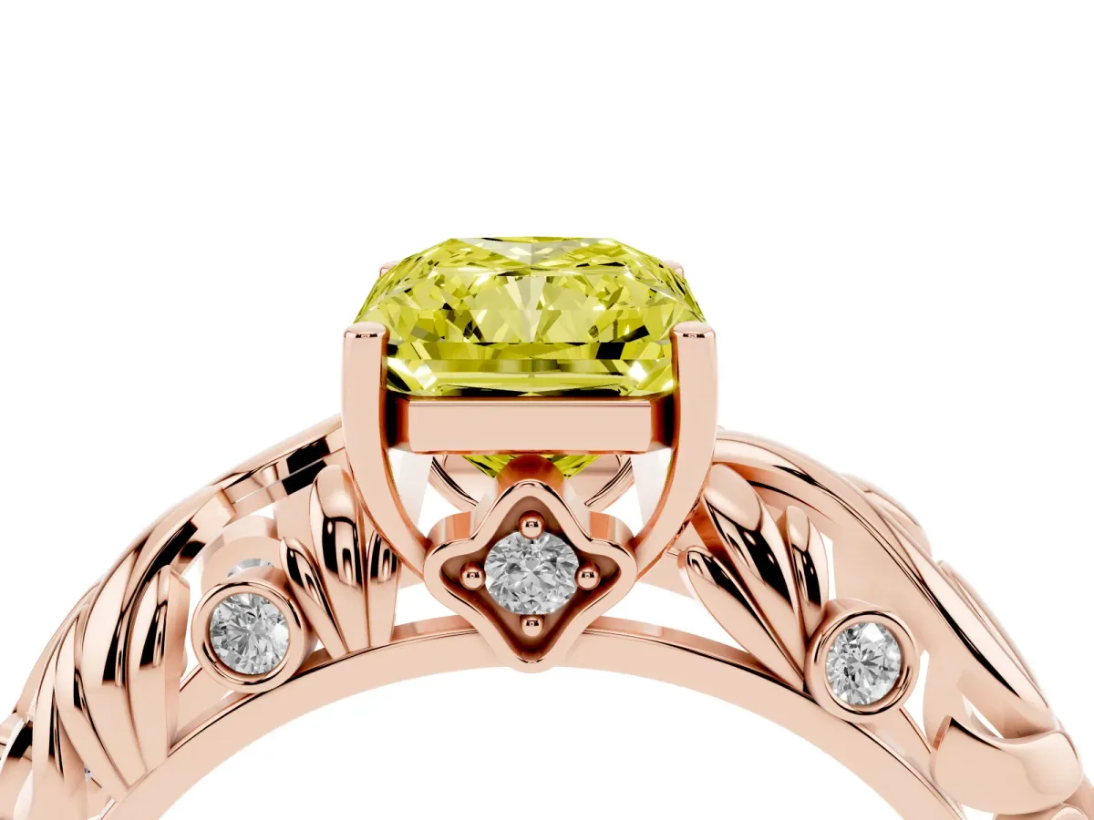 Fancy Yellow Radiant Cut Solitaire Diamond Leaf-Inspired Vine Band Ring with Prong Setting Rose gold