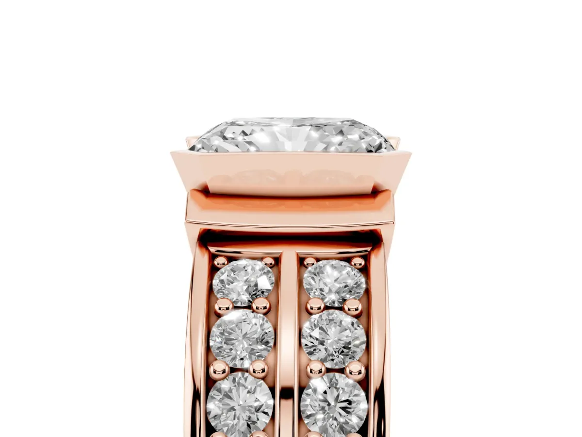 Radiant Cut Brilliant Diamond Channel Set Wide Band Ring with Bezel Setting Rose gold