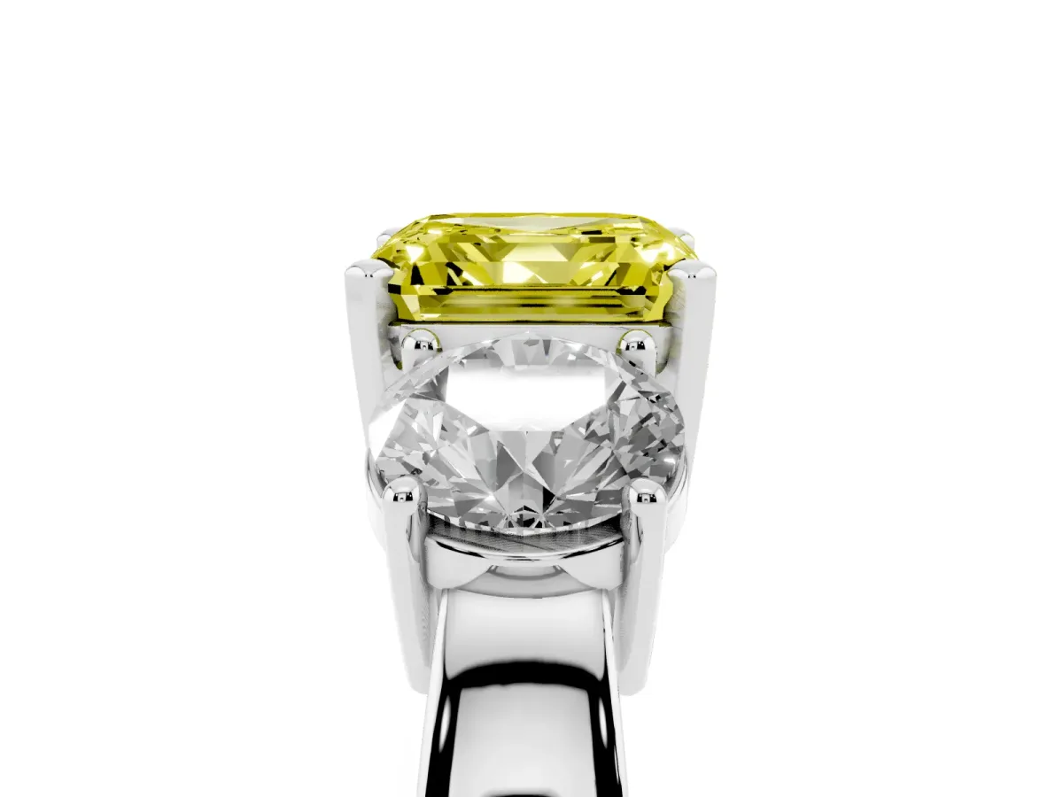 Fancy Yellow Three-Stone Asscher Cut Diamond Ring with Round Side Stones, Classic Band, and Four-Prong Setting White gold