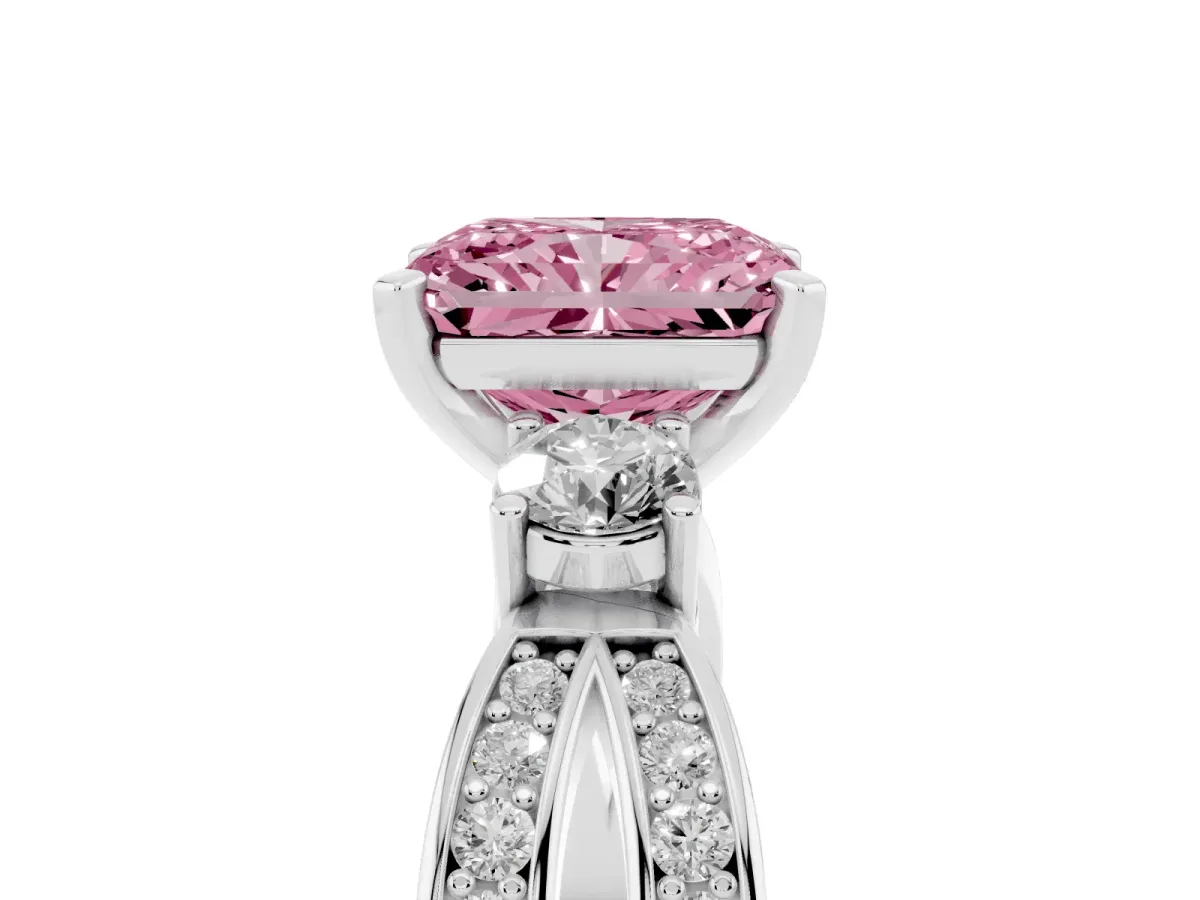 Fancy Pink Three-Stone Radiant Cut Cut Diamond Twist Band with Prong Setting Silver
