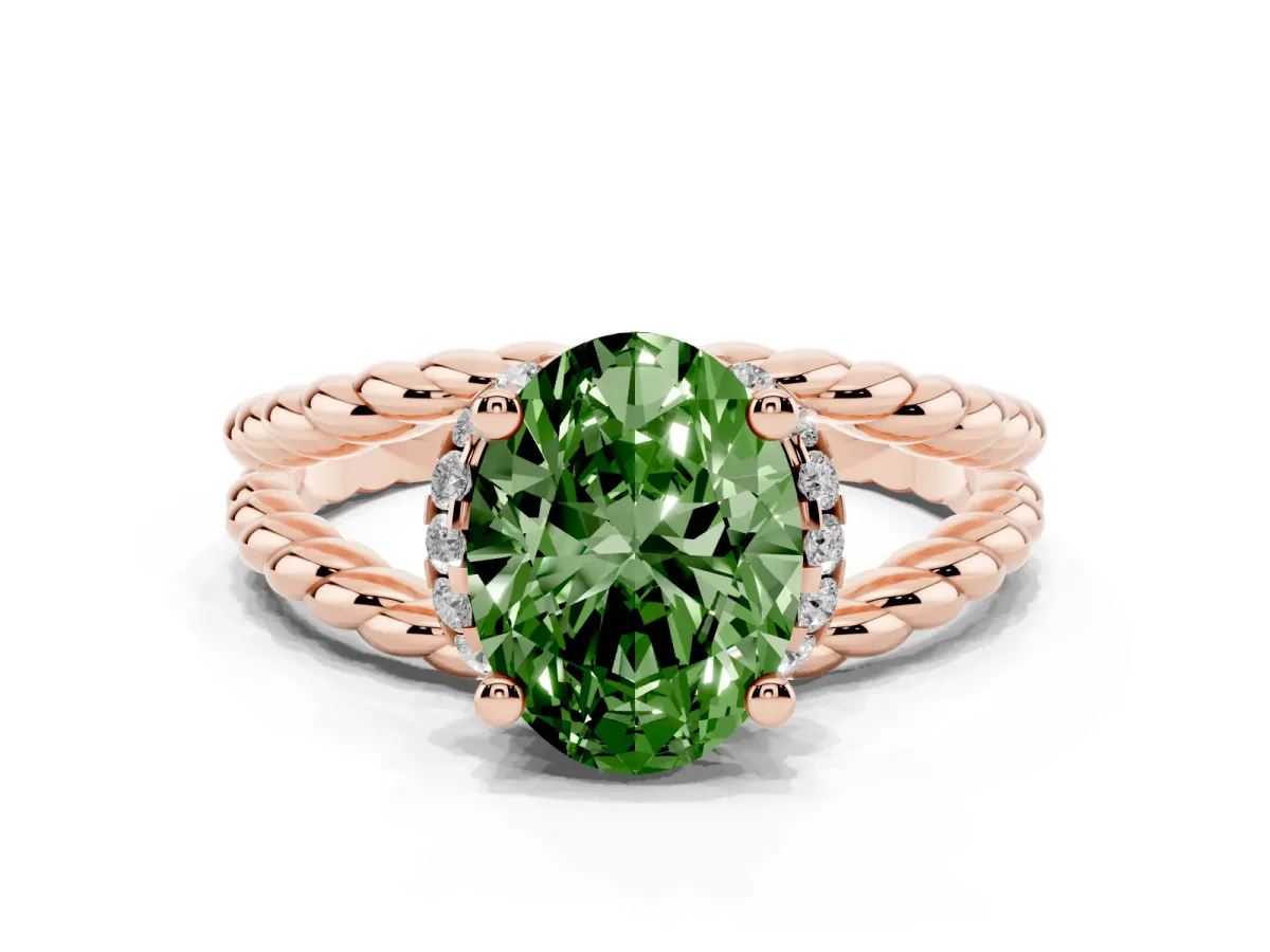 Fancy Green Oval Cut Halo Twisted Band Four-Prong Ring Rose gold