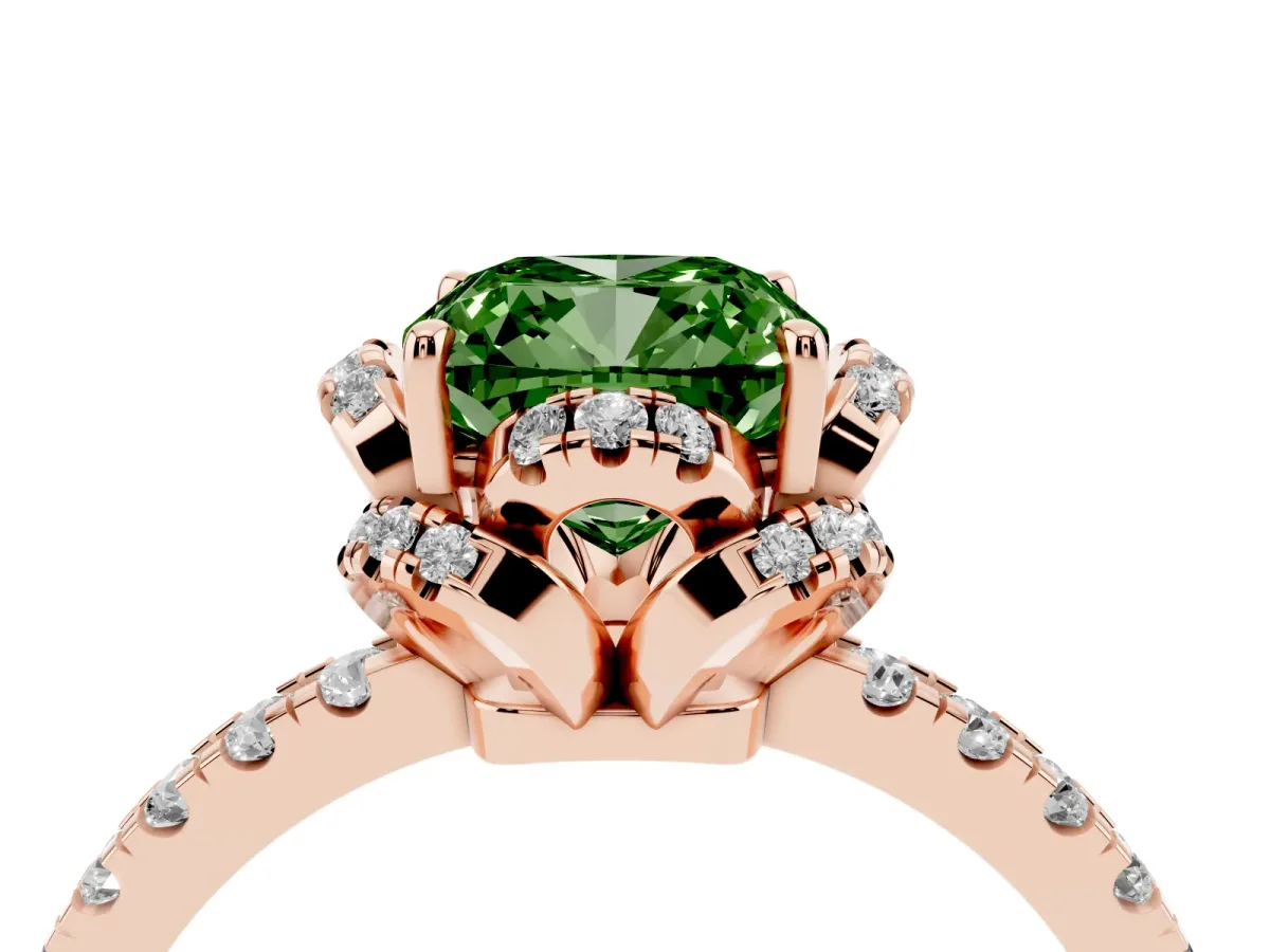 Fancy Green Cushion Cut Halo Diamond Pave Band Ring with Four-Prong Setting Rose gold