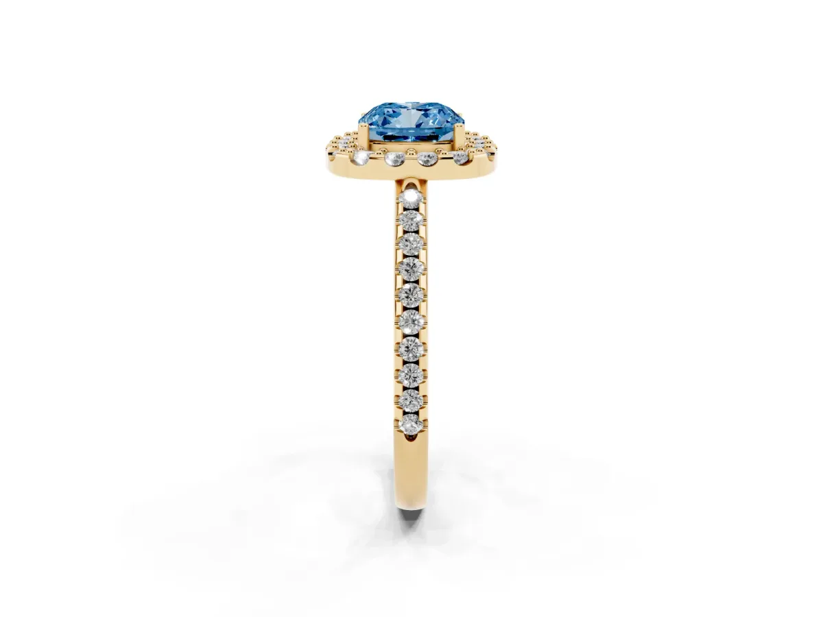 Fancy Blue Cushion Cut Diamond Pavé Halo Ring with Four-Prong Setting Yellow gold