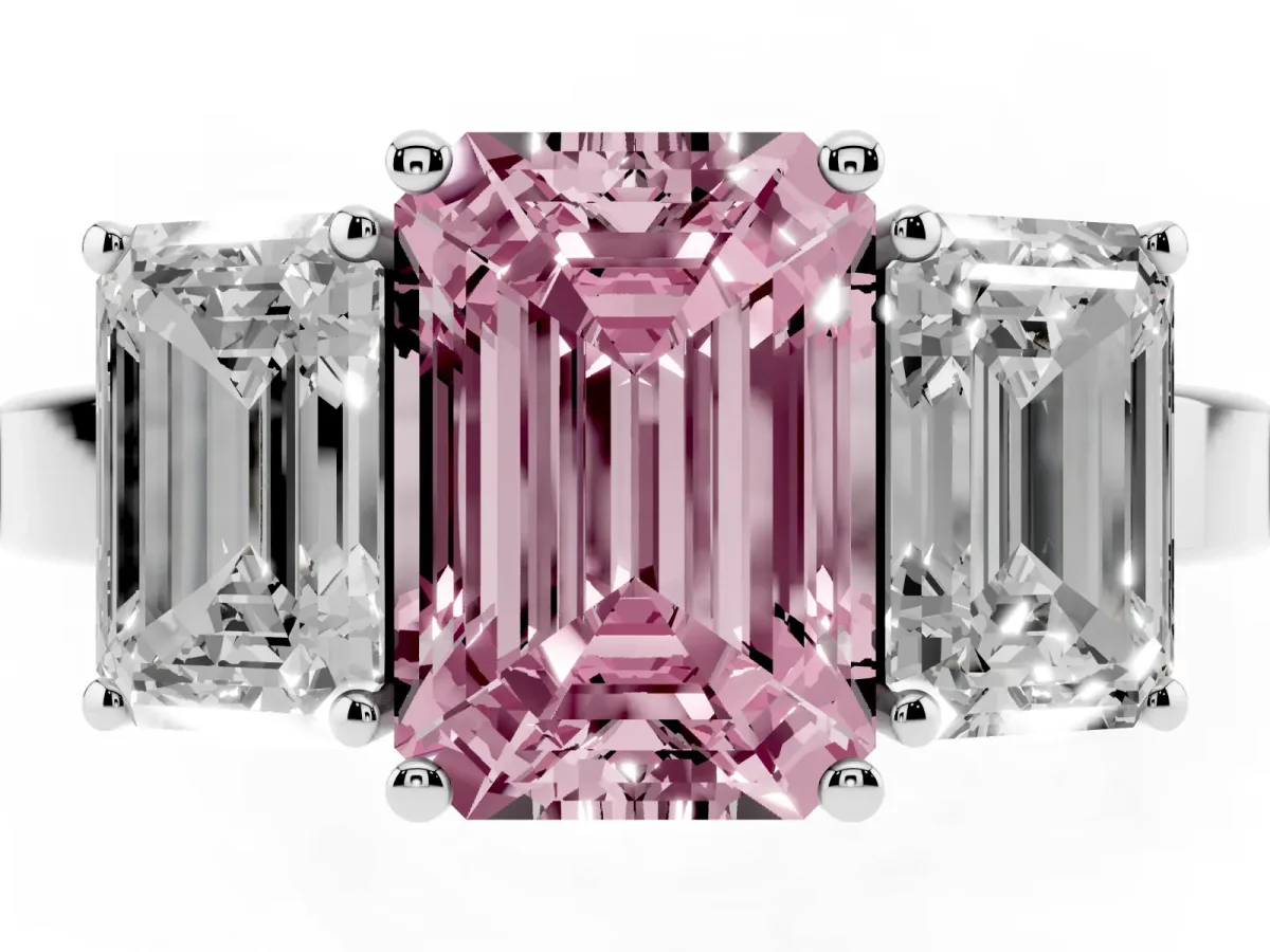 Fancy Pink Three-Stone Emerald Cut Cut Diamond Engagement Ring with Flat Band and Four-Prong Setting Silver