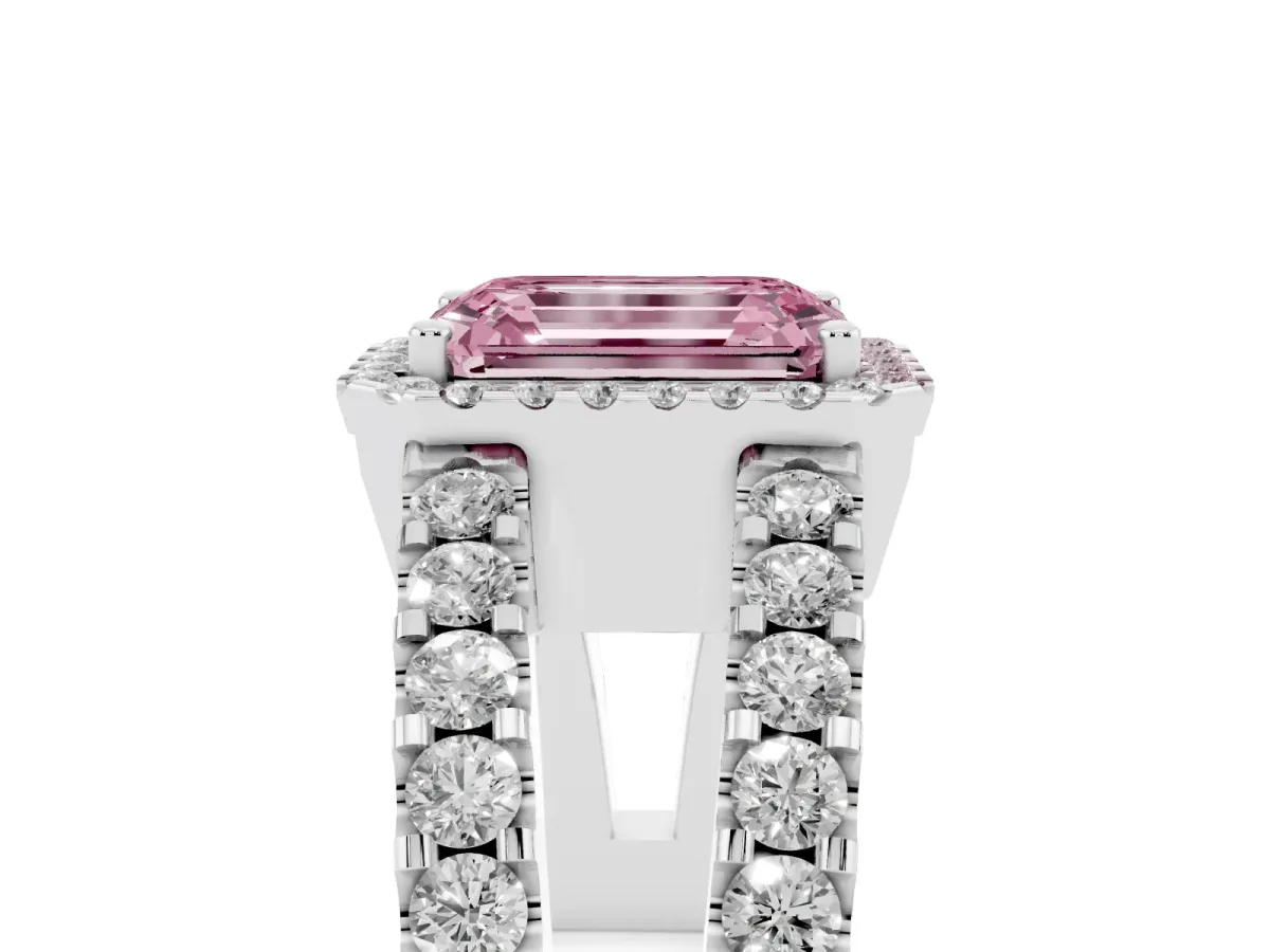 Fancy Pink Emerald Cut Cut Halo Split Shank Diamond Ring with Four-Prong Setting Silver