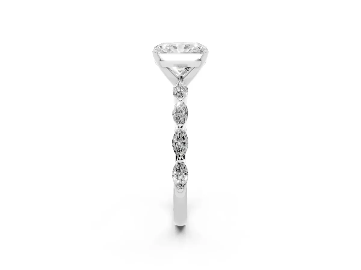 Radiant Cut Diamond Ring with Marquise Side Stones and Prong Setting Platinum