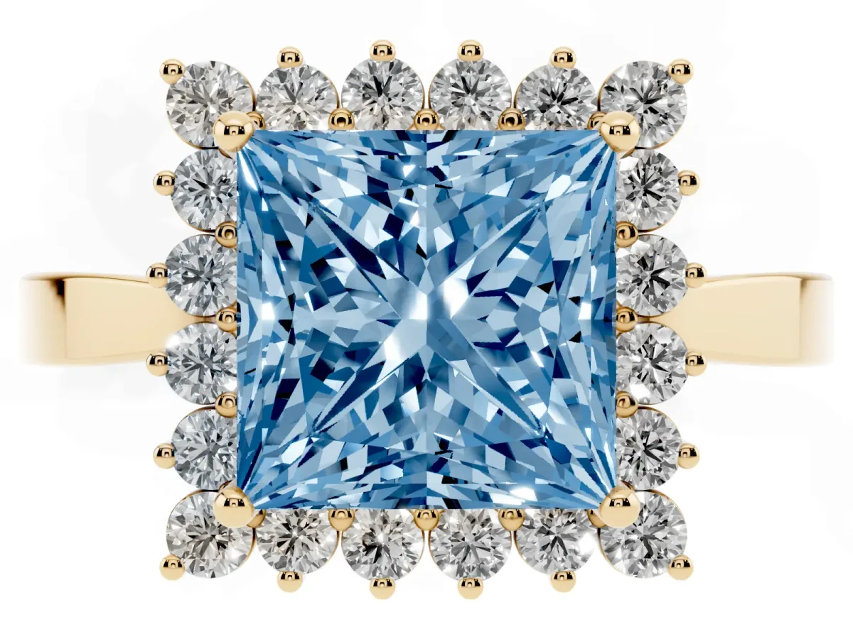 Fancy Blue Princess Cut Cut Diamond Halo Ring with Round Brilliant Halo and Solitaire Band Yellow gold