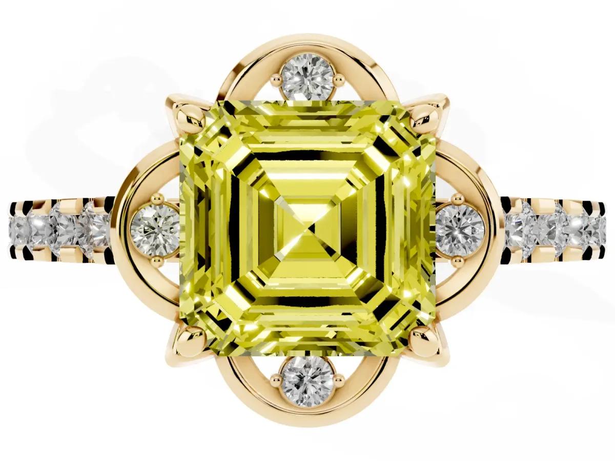 Fancy Yellow Asscher Cut Diamond Ring with Pavé Band and Floral Prong Setting Yellow gold