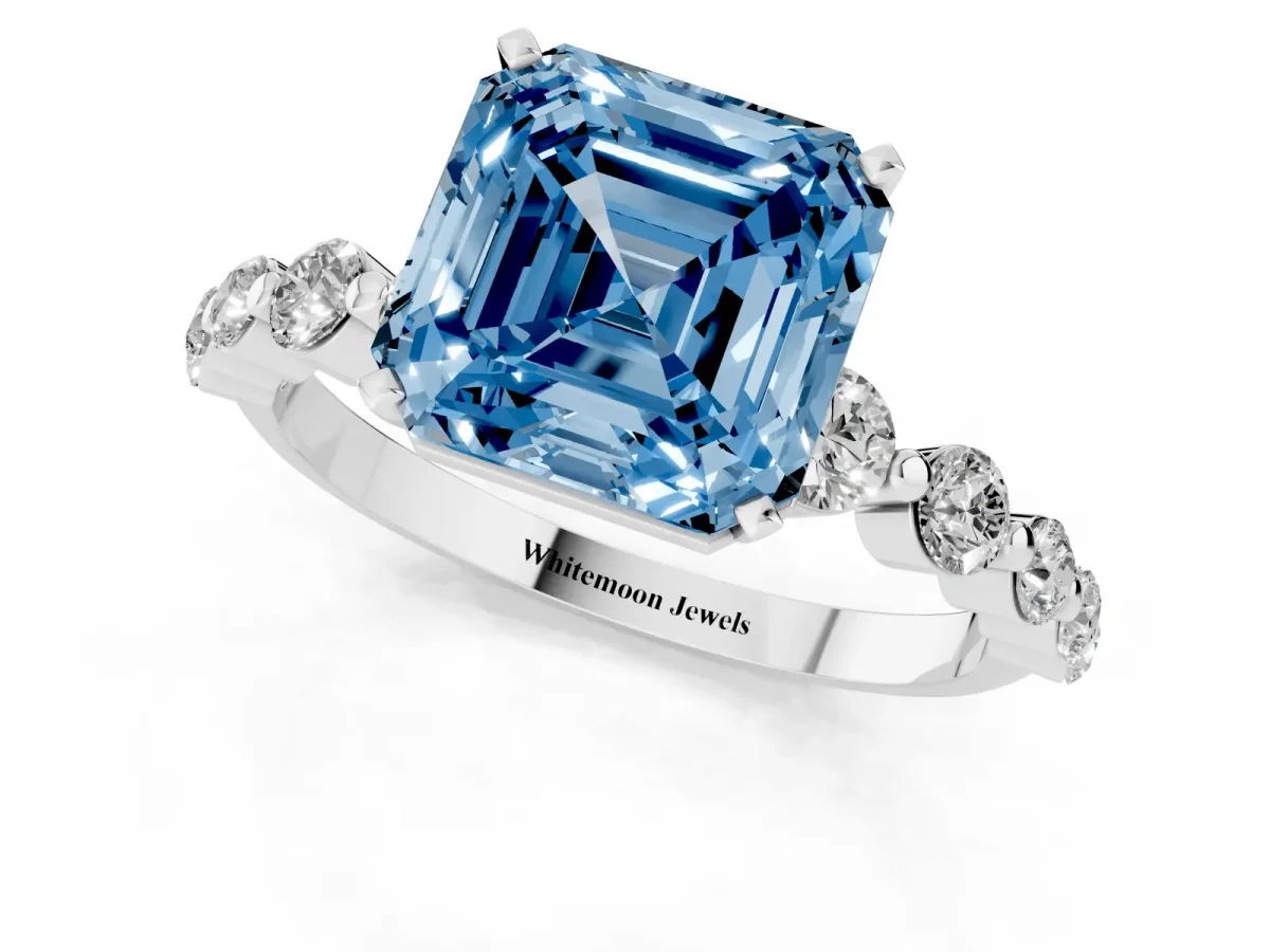 Fancy Blue Asscher Cut Solitaire Diamond Ring with Pave Band and Four-Prong Setting Silver