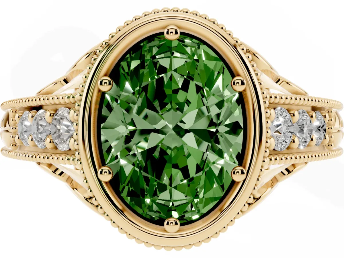 Fancy Green Bezel Set Oval Cut Diamond Milgrain Pave Engagement Ring Yellow gold