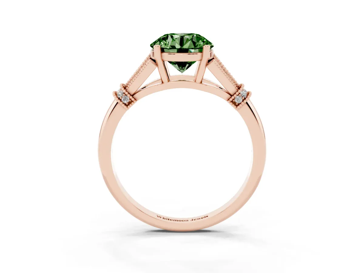 Fancy Green Round Cut Diamond Solitaire Ring with Floral Filigree and Pave Accents Rose gold