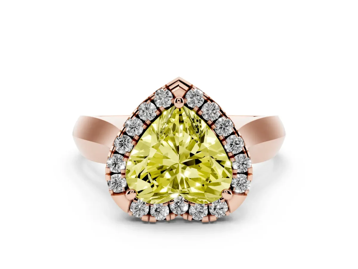 Fancy Yellow Heart Cut Cut Halo Solitaire Engagement Ring with Square Band and Four-Prong Setting Rose gold