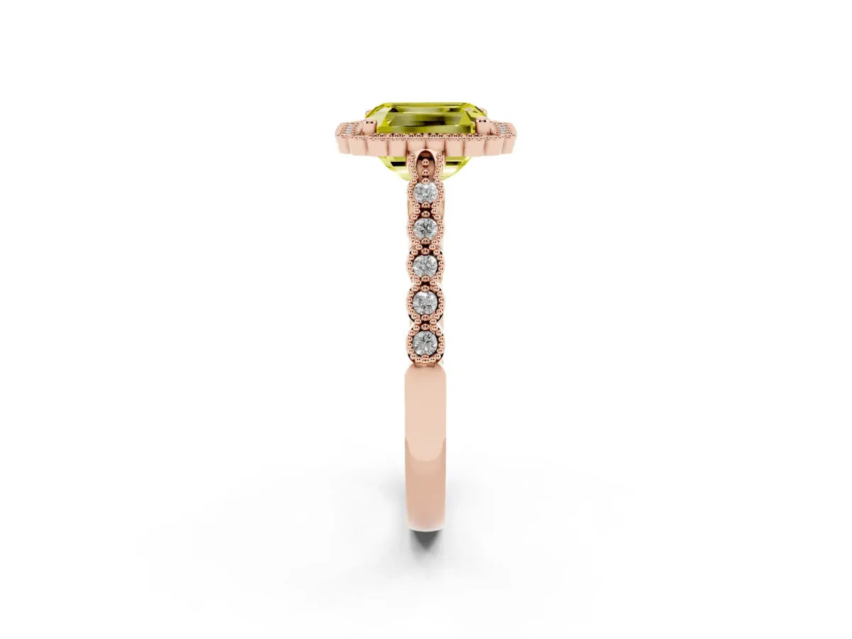Fancy Yellow Radiant Cut Cut Halo Pavé Solitaire Ring with Milgrain Band Rose gold