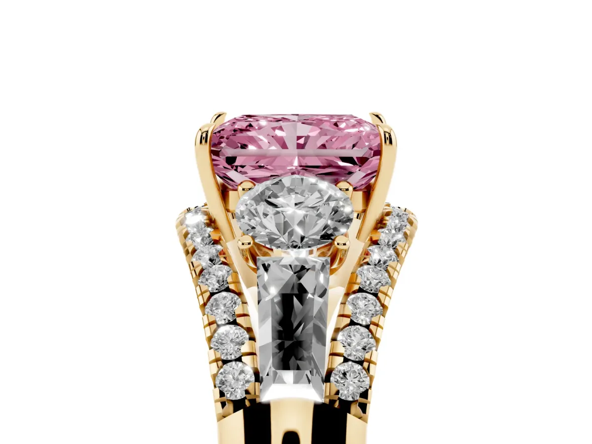 Fancy Pink Three-Stone Radiant Cut Diamond Engagement Ring with Pave Band and Prong Setting Yellow gold