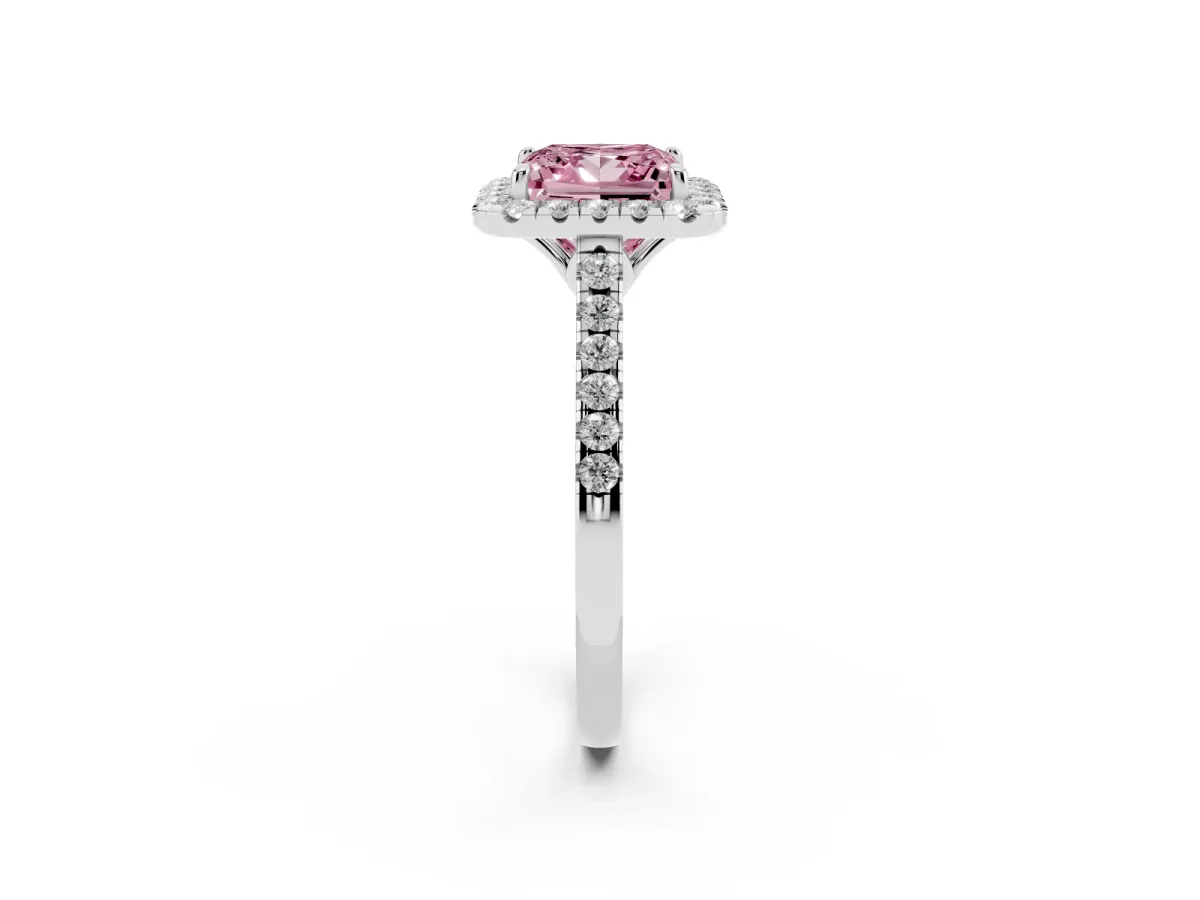Fancy Pink Princess Cut Halo Pavé Diamond Engagement Ring with Four-Prong Setting Silver