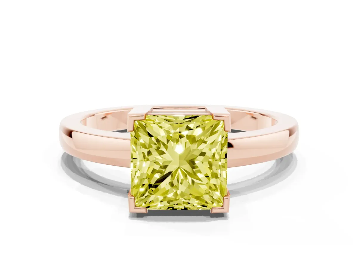 Fancy Yellow Princess Cut Cut Solitaire Ring with Four-Prong Setting and Classic Band Rose gold