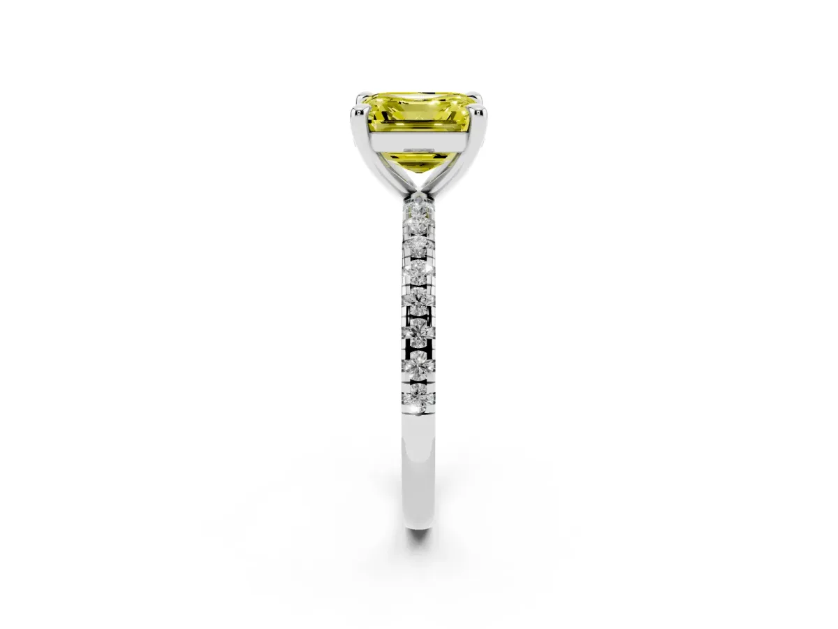 Fancy Yellow Asscher Cut Diamond Brilliant Solitaire Ring with Pavé Band and Four-Prong Setting Platinum