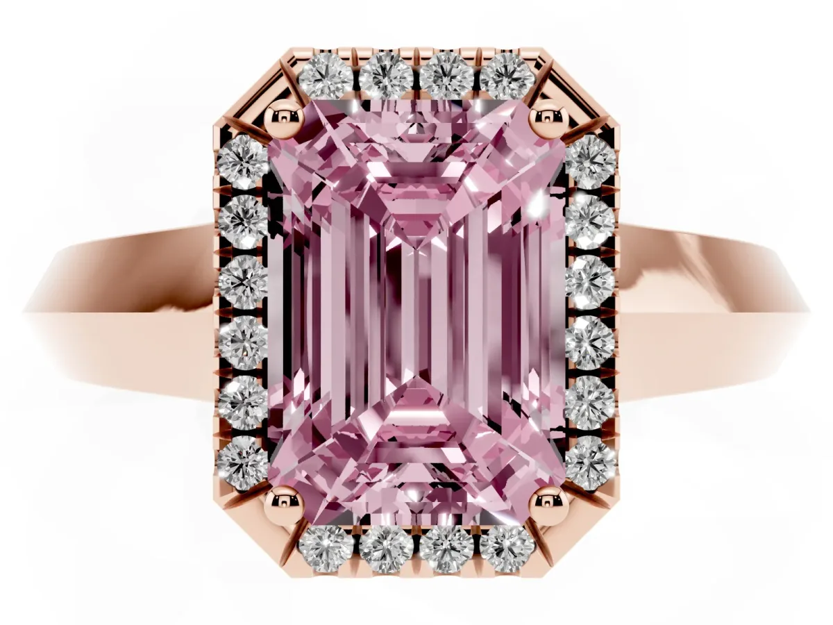 Fancy Pink Emerald Cut Halo Diamond Ring with Cathedral Band and Four-Prong Setting Rose gold