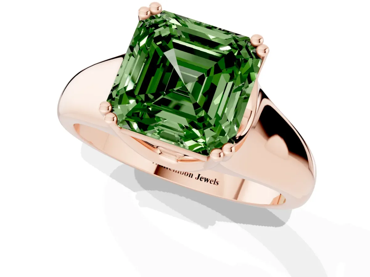 Fancy Green Asscher Cut Diamond Solitaire Ring with Wide Band and Prong Setting Rose gold
