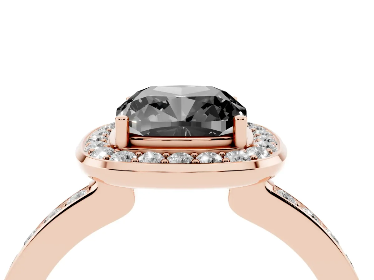 Fancy Black Cushion Cut Diamond Halo Ring with Bezel Frame and Pavé Band Rose gold