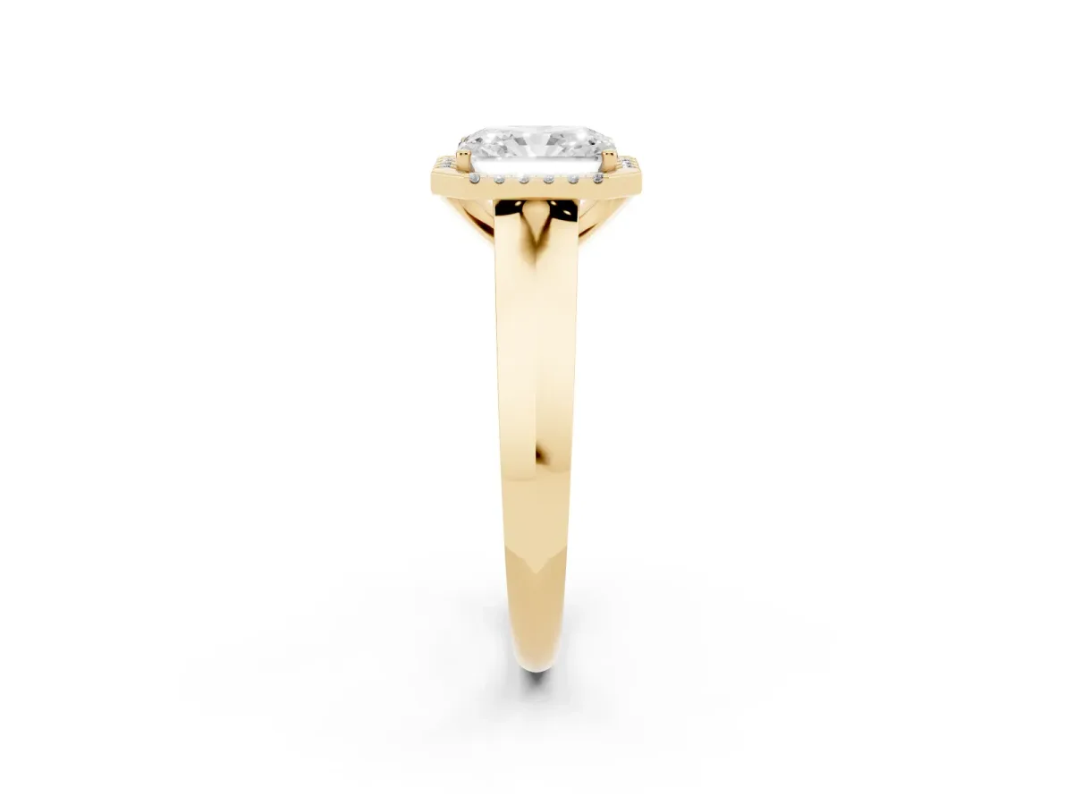 Radiant Cut Halo Diamond Ring with Cathedral Band and Four-Prong Setting Yellow gold