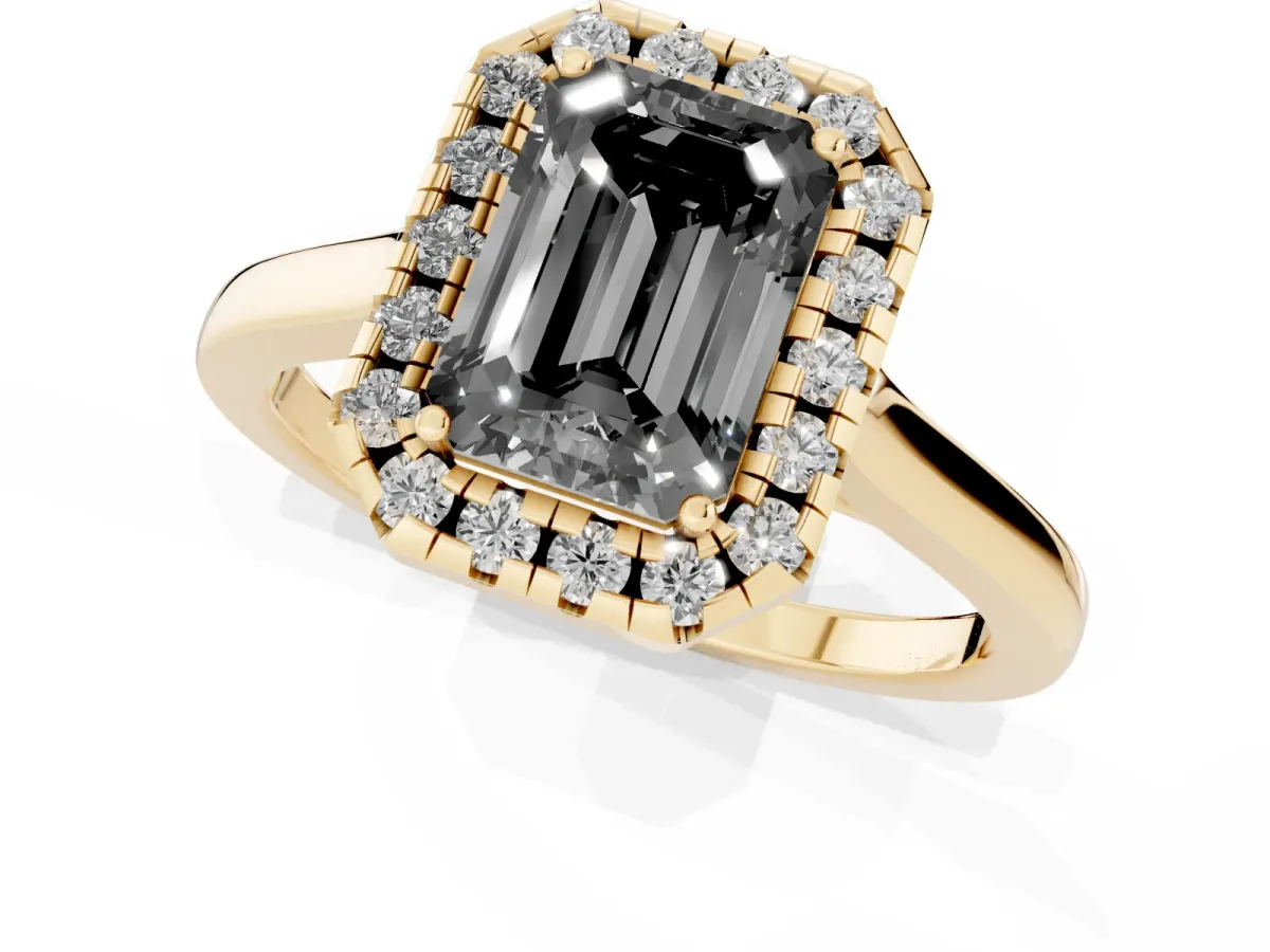 Fancy Black Emerald Cut Halo Round Diamond Solitaire Ring with Pavé Band and Four-Prong Setting Yellow gold