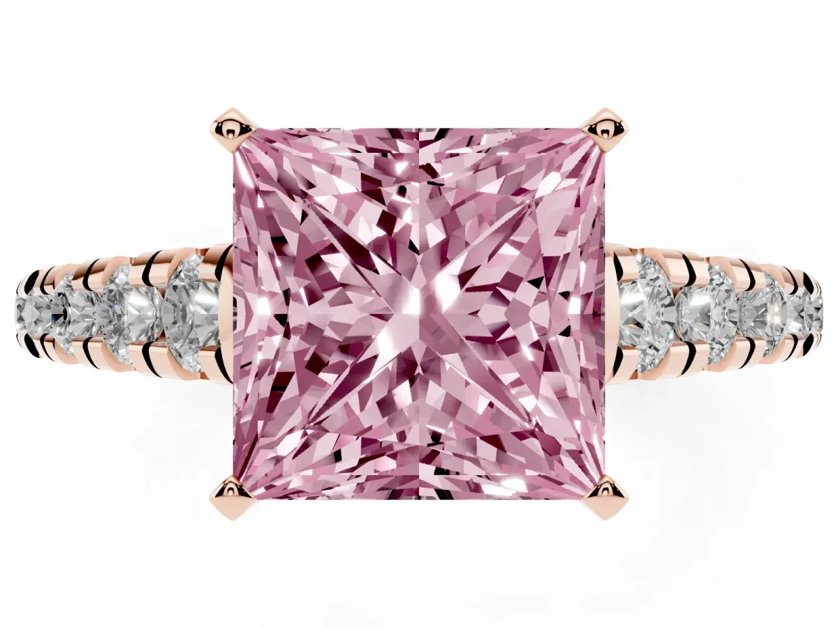 Fancy Pink Princess Cut Diamond Cathedral Solitaire Ring with Round Pavé Band Rose gold