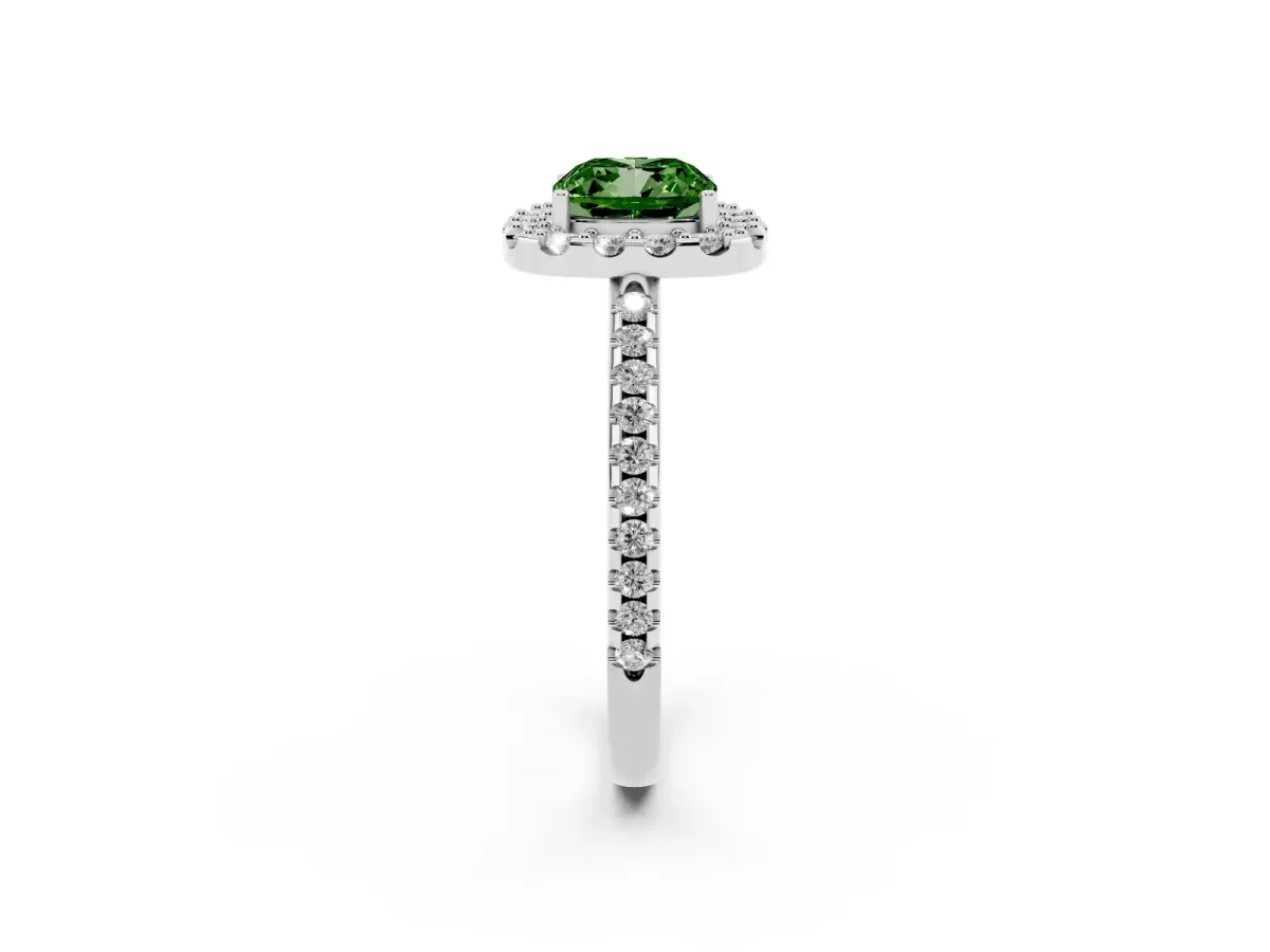 Fancy Green Cushion Cut Diamond Pavé Halo Ring with Four-Prong Setting Silver