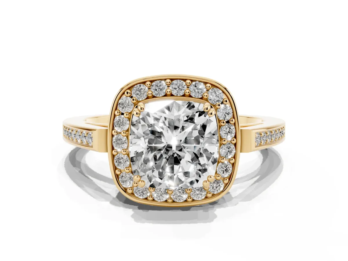 Cushion Cut Diamond Halo Ring with Split Shank and Four-Prong Setting Yellow gold
