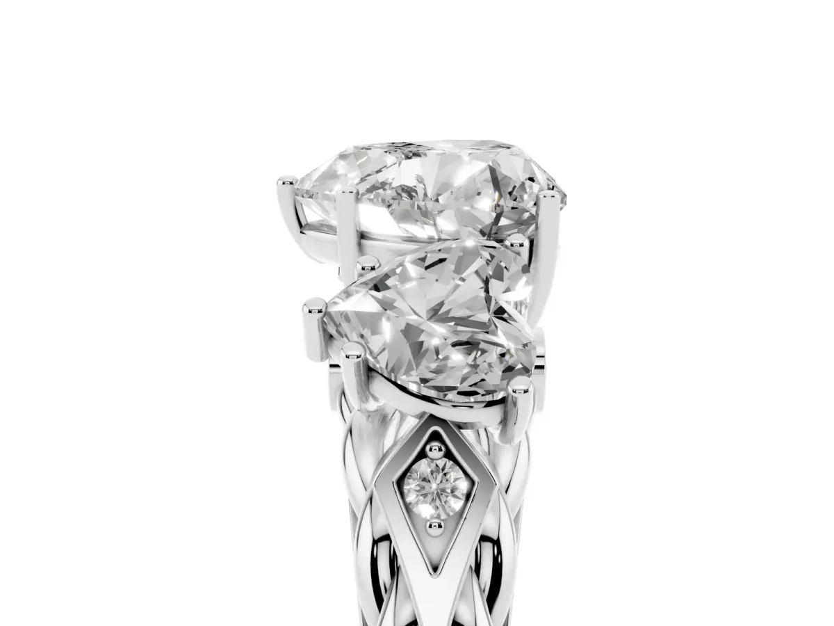 Three-Stone Heart Cut Diamond Braided Band Ring with Four-Prong Setting Platinum