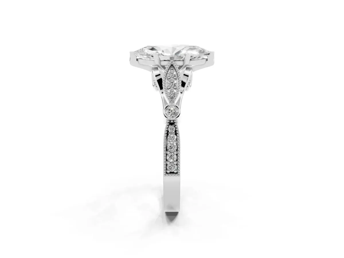 Marquise Cut Cut Diamond with Milgrain Marquise and Bezel Accents on a Solitaire Band with Prong Setting Silver