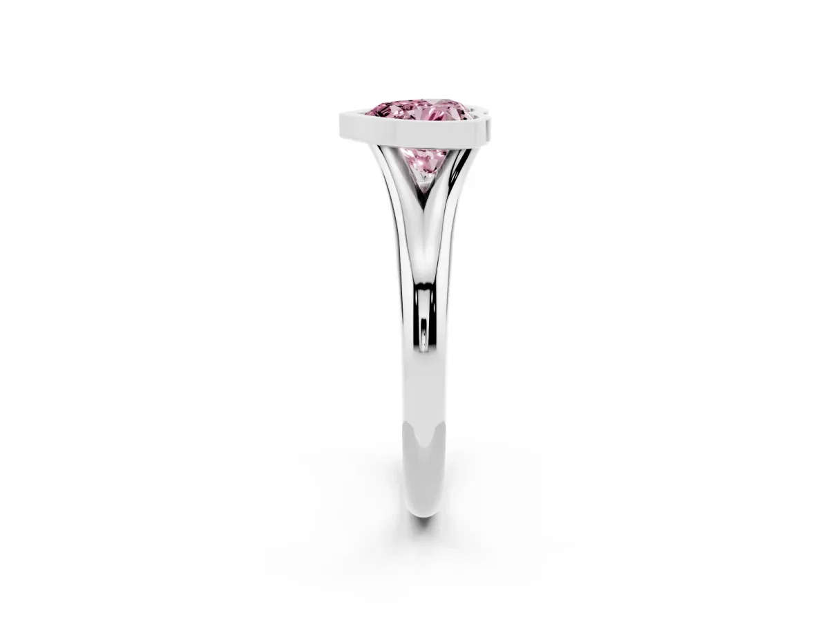 Fancy Pink Bezel Set Heart Cut Solitaire Diamond Ring with Smooth Band Platinum