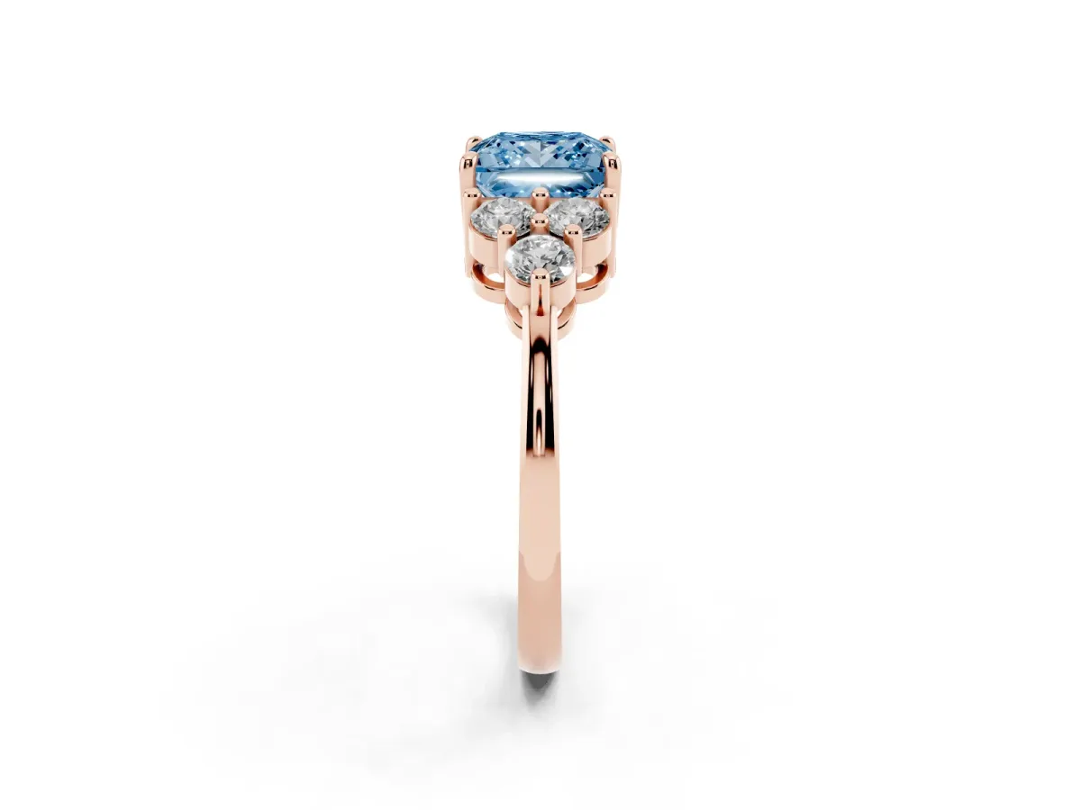 Fancy Blue Princess Cut Brilliant Diamond Cluster Accent Solitaire Ring with Prong Setting Rose gold