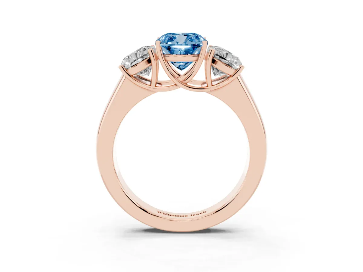Fancy Blue Three-Stone Cushion Cut Cut Diamond Ring with Prong Setting and Classic Band Rose gold
