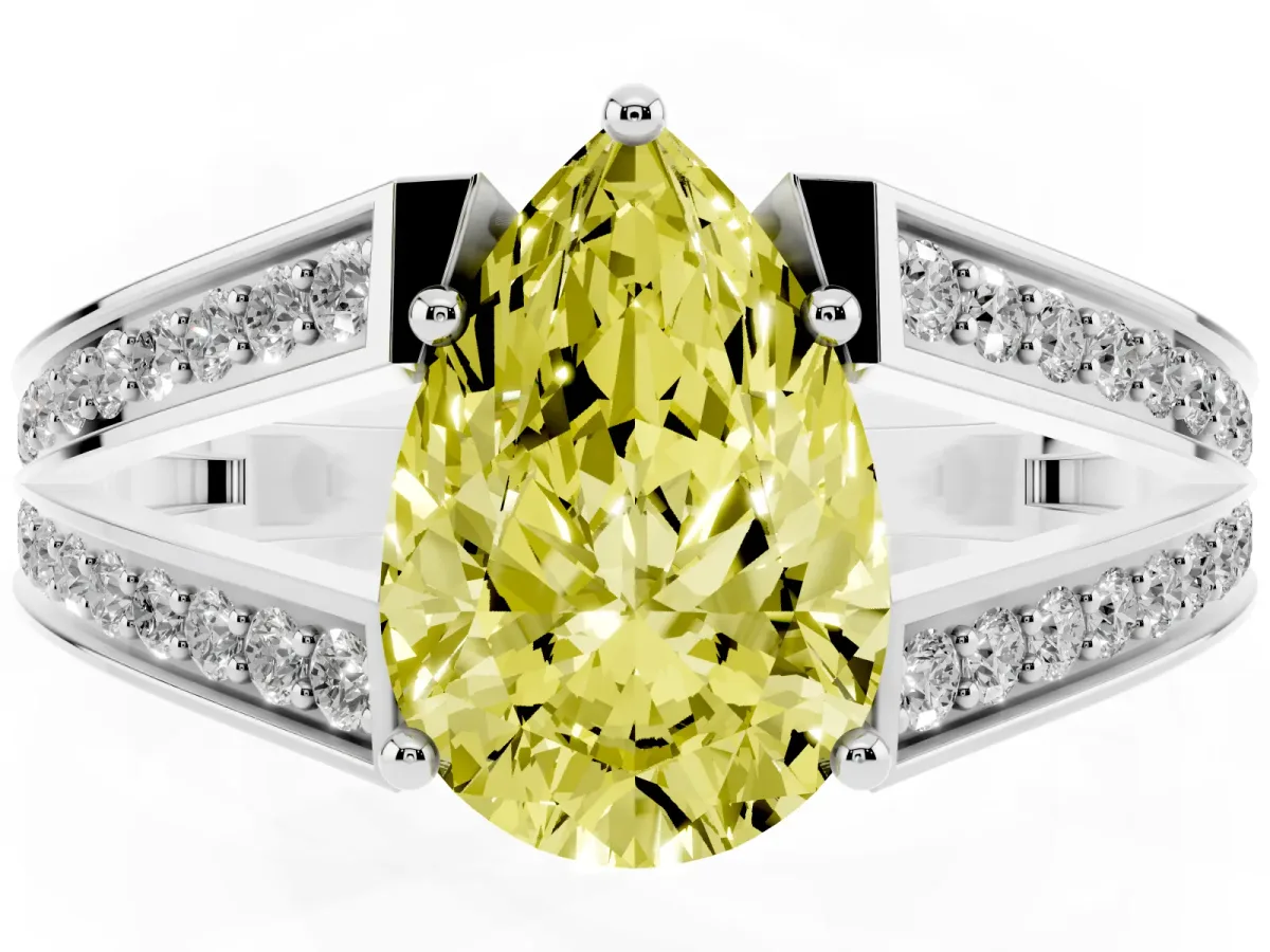 Fancy Yellow Pear Cut Diamond Split Shank Ring with Pavé Band and Four-Prong Setting Silver
