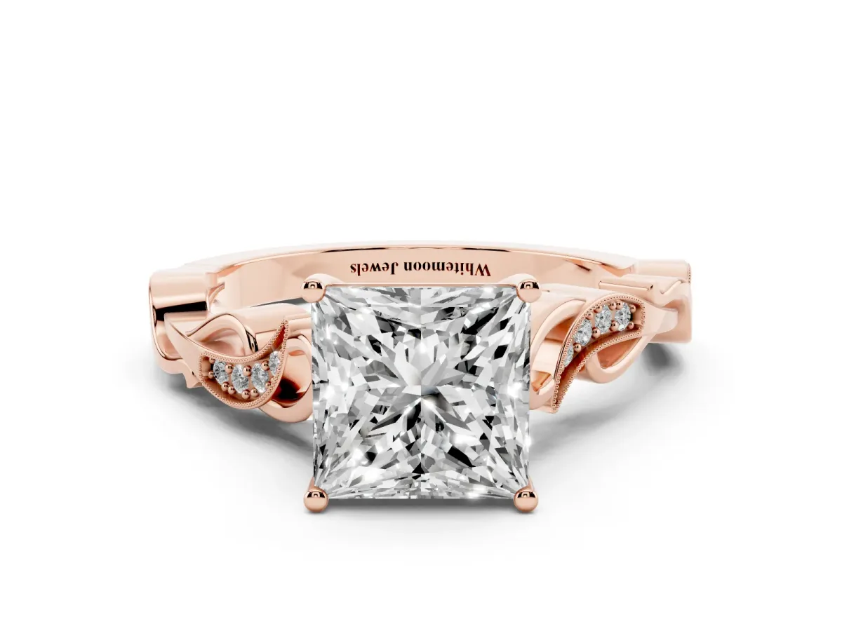 Princess Cut Solitaire Vine Band with Milgrain Prong Setting Rose gold