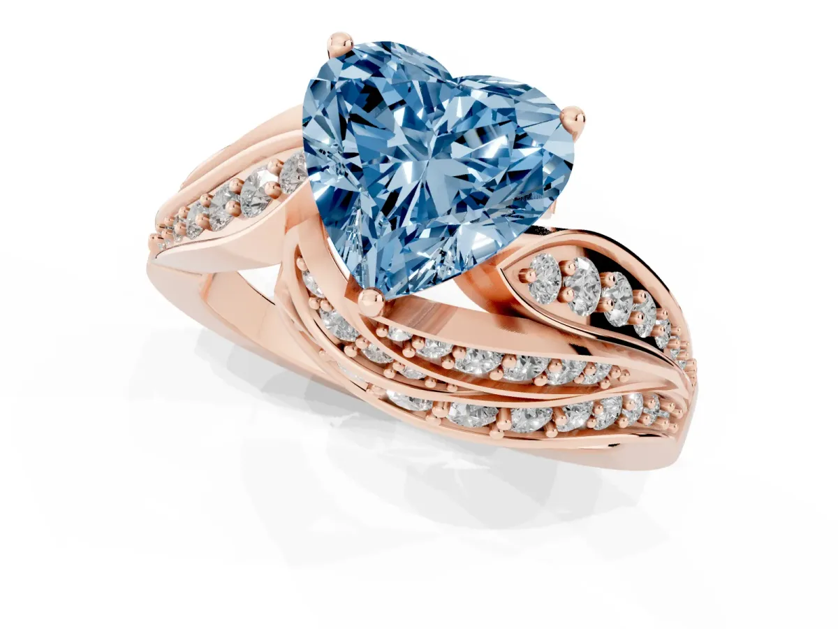 Fancy Blue Heart Cut Diamond Solitaire Ring with Prong Setting and Twisted Pavé Band Rose gold