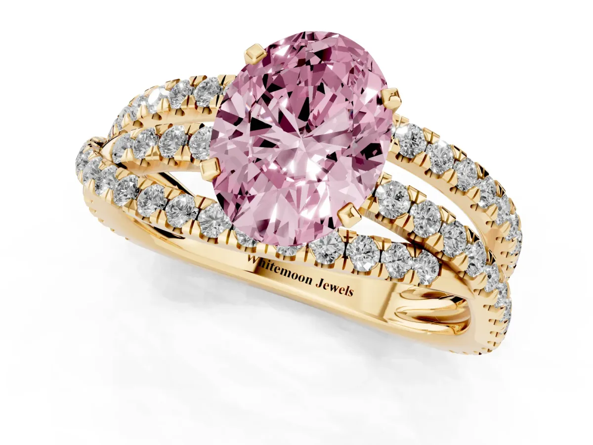 Fancy Pink Oval Cut Solitaire Twist Band with Pavé Setting and Four-Prong Setting Yellow gold