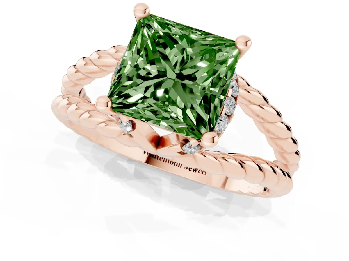 Fancy Green Princess Cut Halo Twisted Band Four-Prong Ring Rose gold