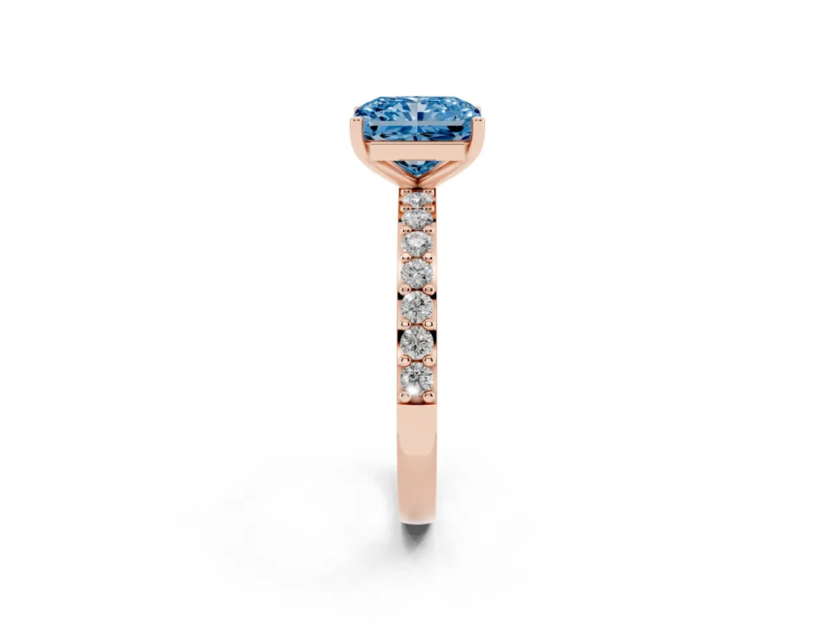 Fancy Blue Radiant Cut Cut Diamond Solitaire with Pave Band and Four-Prong Setting Rose gold