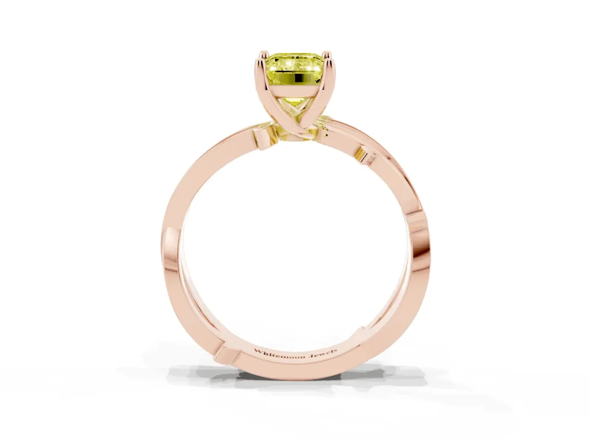 Fancy Yellow Emerald Cut Solitaire Twist Band with Pavé Accents and Four-Prong Setting Rose gold