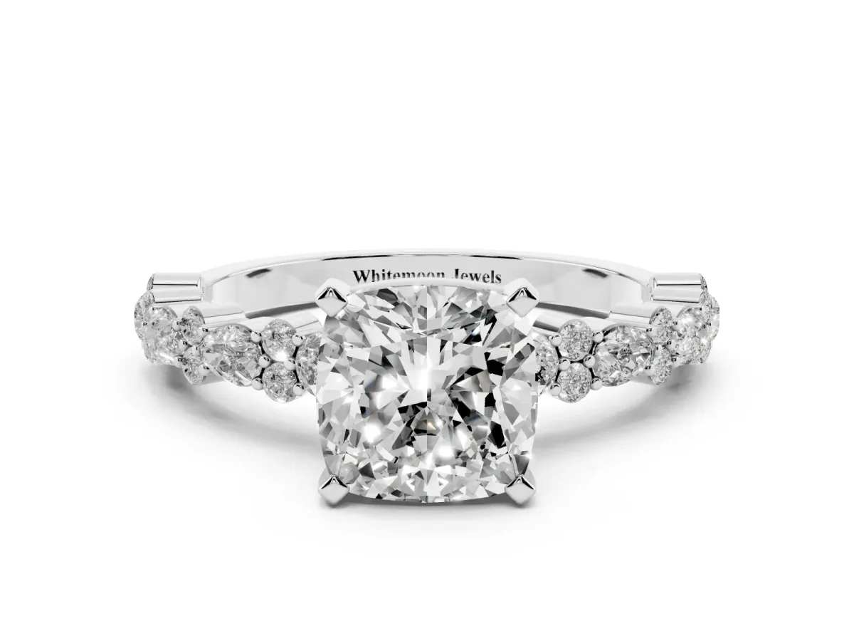 Cushion Cut Diamond Side Stone Solitaire Ring with Round and Four-Prong Setting Silver
