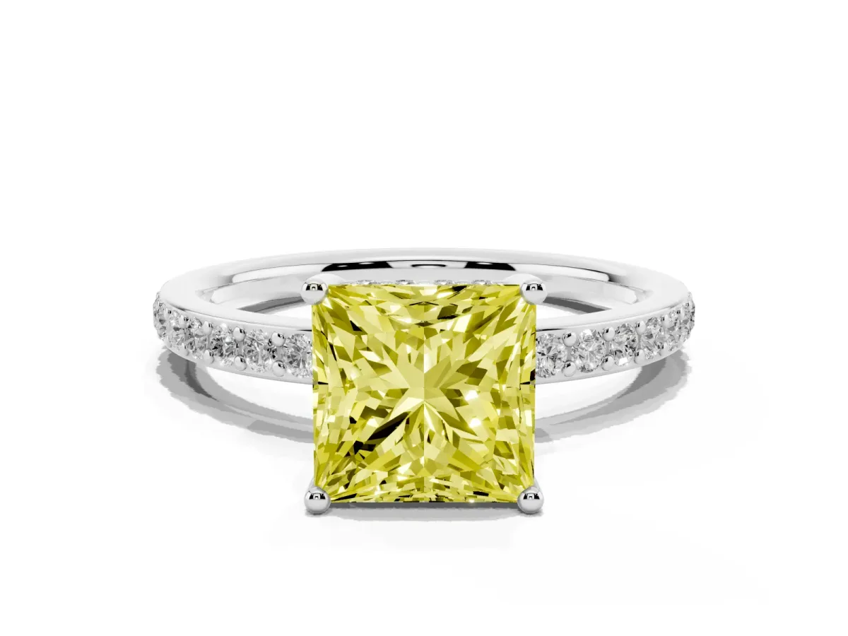 Fancy Yellow Princess Cut Cut Diamond Pavé Band Ring with Four-Prong Setting Silver